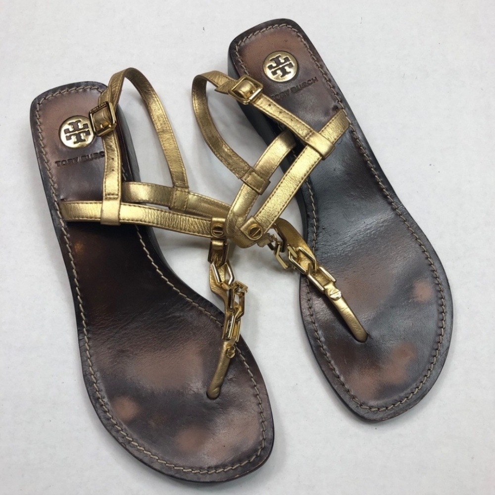 Tory Burch Alani Gold chain thong wedge sandal 9.5 - Picture 1 of 11